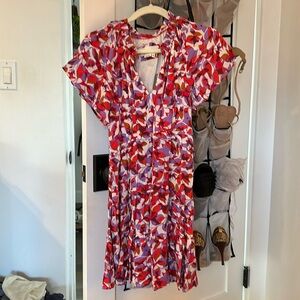 ANTHROPOLOGIE Robin Tiered Mini Dress Red Pink Purple Ruffle VNeck Geo Sz XXSP